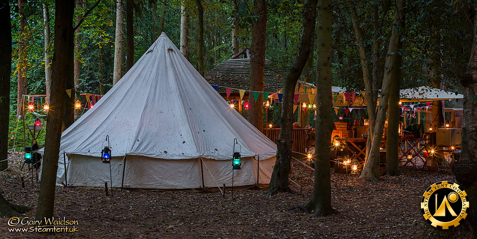 Our Bell tent near the fire shelter - The Steam Tent Co-operative. © Gary Waidson - www.Steamtent.uk