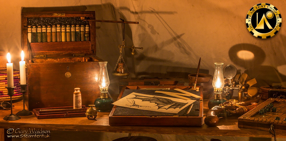 Internal  tent lighting, well away from the canvas.  The Steam Tent Co-operative. © Gary Waidson - www.Steamtent.uk