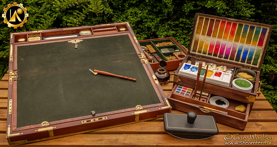 A Campaign Writing Slope made by Thomas Handford's of London and a modified Winsor & Newton watercolour box  -  The Steam Tent Co-operative.  Gary Waidson - www.Steamtent.uk