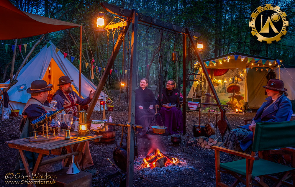 Evening by the fire - The Easter Tea Party 2019 - The Steam Tent Co-operative. © Gary Waidson - www.Steamtent.uk